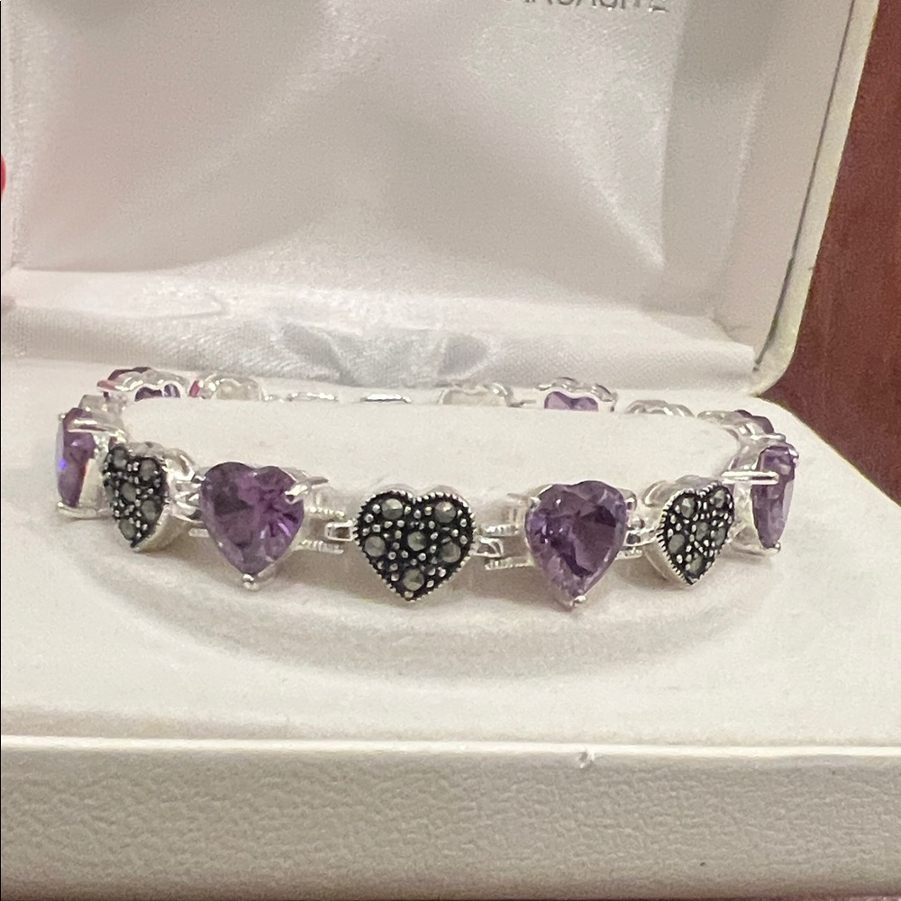 Heart Shaped Sterling Silver and Marcasite Amethyst Bracelet